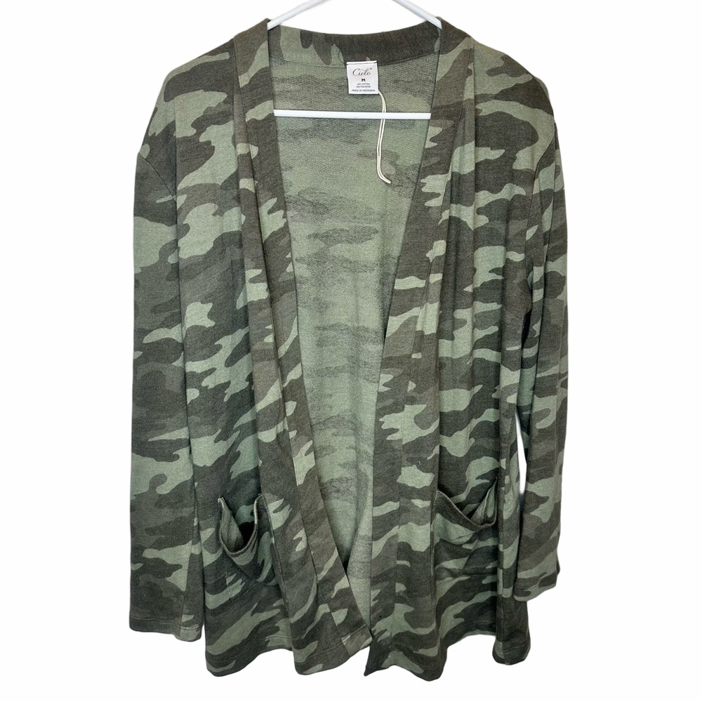 Cielo Open Front Burgundy Long Cardigan‎ Green Camo Size Medium